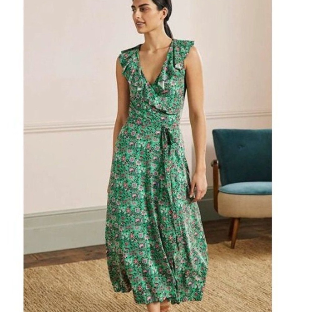 Boden Green Floral Ruffle Wrap Midi Dress